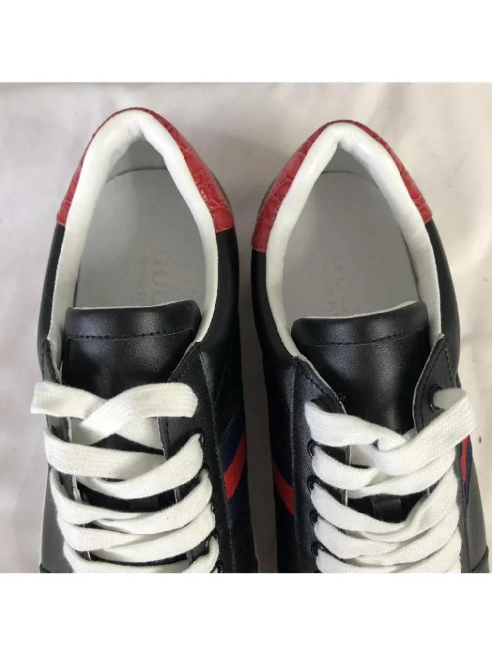 Gucci Ace Shoes Mens Size 12.5 Black Leather Web Stripe Casual Sneakers Italy